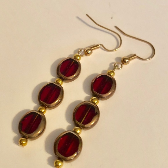 Handmade Brass Trim Dangle Earrings Red 2” Long - Picture 1 of 3